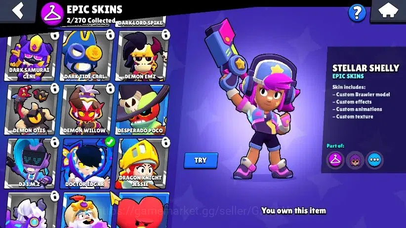 Brawl Stars Accounts 1100 Trophy|18 Brawlers 4 Max Lv [MR P,Bo,Edgar,Shelly]|1 Buffies|2 Epic Skins [Stellar Shelly] 1 SR|3K 6