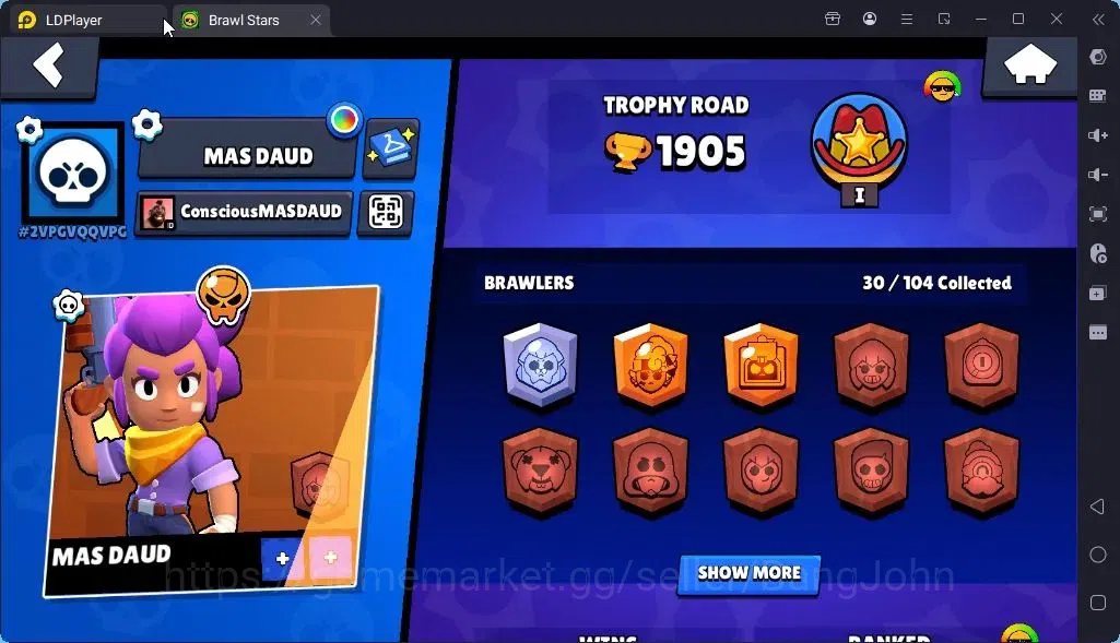 Brawl Stars Accounts Global |Trophy 1905 | Brawler3 Max with Supercharge |Skins 1 Legendary 2 Mythic,6 Epic|Bling 2