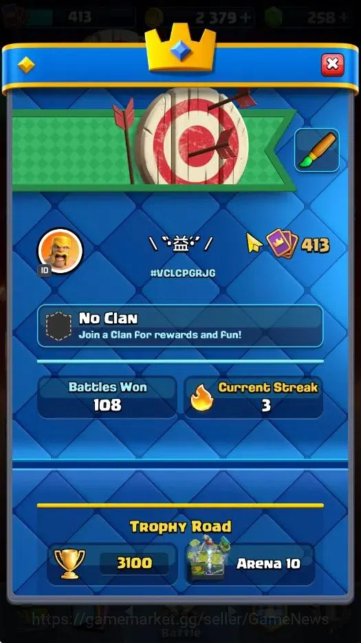 Clash Royale Accounts High-End Lvl 413|KTL 10|Trophy 3100|258 Gems|Card 51/122|1 Hero 4 EVO 12 Epic 20 Rare 19 Common|Arena 2