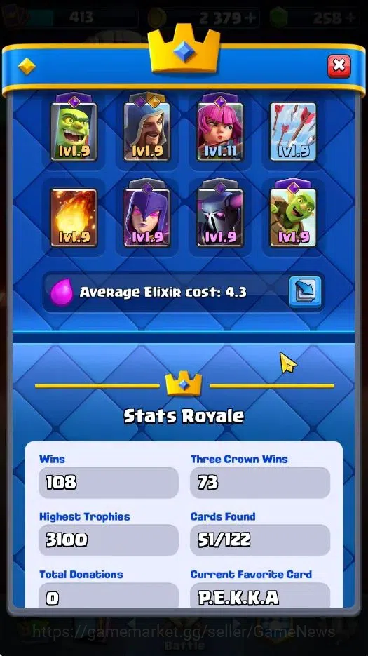 Clash Royale Accounts High-End Lvl 413|KTL 10|Trophy 3100|258 Gems|Card 51/122|1 Hero 4 EVO 12 Epic 20 Rare 19 Common|Arena 3