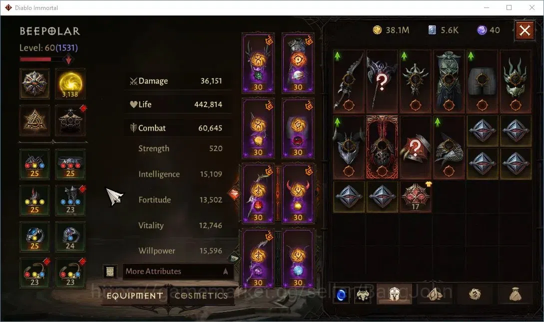 Diablo Immortal Accounts High-End SEA-Enigma CS Off|60 (1531) Warlock - Vanquisher |CR 60k |Reso 3138 |8x L30 Legendary 2