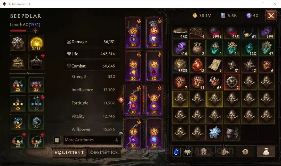 Diablo Immortal Accounts High-End SEA-Enigma CS Off|60 (1531) Warlock - Vanquisher |CR 60k |Reso 3138 |8x L30 Legendary 9