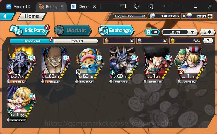 One Piece Bounty Rush Accounts Others GLOBAL|EX 2|PR 2|RD 2391|T5E St.Nusjuro, BOM Kaido,etc|Log Bandai|Check SS|OPBR201 2