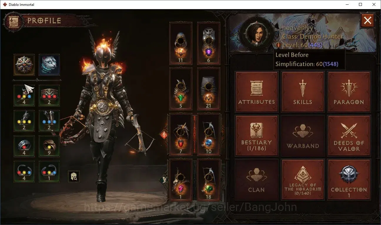 Diablo Immortal Accounts Mid-Tier SEA - Verathiel | 60(448) Demon Hunter - Gladiator | CR 33195 | Reso 495 | HELL III 1