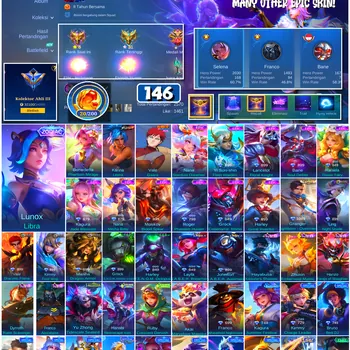 Mobile Legends: Bang Bang Accounts #4638 146 Skins | Lunox Libra (ZODIAC) | Karina Leona (KOF) | Vale Gaara (NARUTO) | Bane