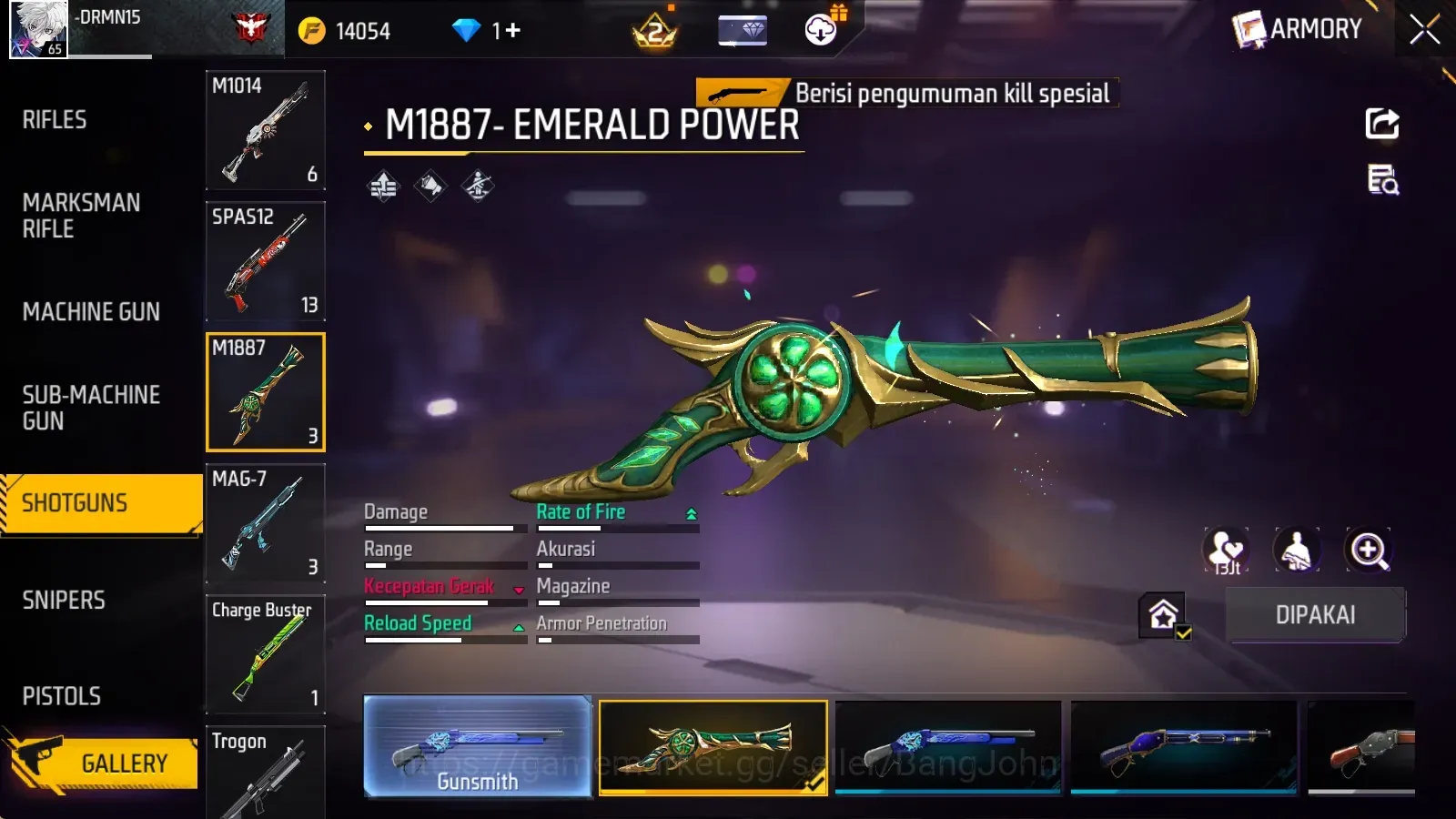 Free Fire Accounts Indonesia | MP5 - Platinum Divinity Lv.4 | M1887-Mamba Gnaw,Emerald Power,Peluru Suci | Electrify Bp 1