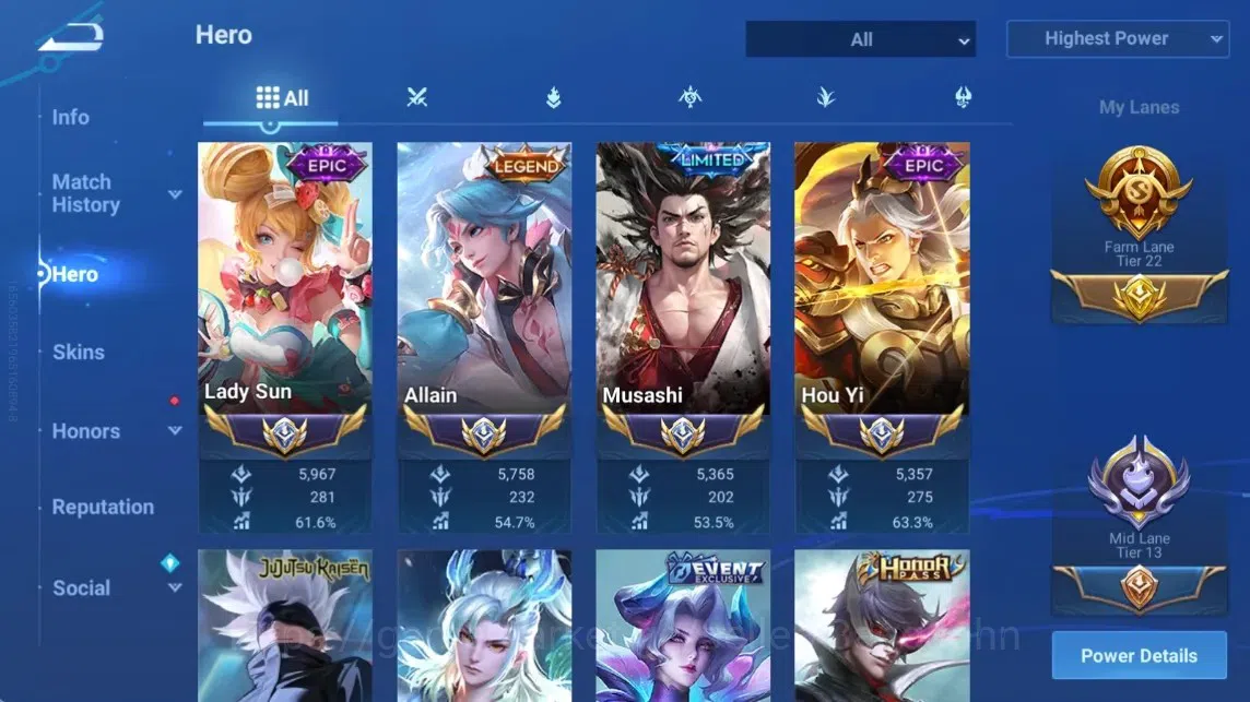 Honor of Kings Accounts Rare Skin Global|113H 228S|AOT Jing[Mikasa]|JJK Kongming[GojoSatoru]|Seiya Dharma|LNY2024 Sun 3