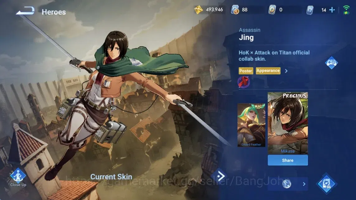 Honor of Kings Accounts Rare Skin Global|113H 228S|AOT Jing[Mikasa]|JJK Kongming[GojoSatoru]|Seiya Dharma|LNY2024 Sun 7