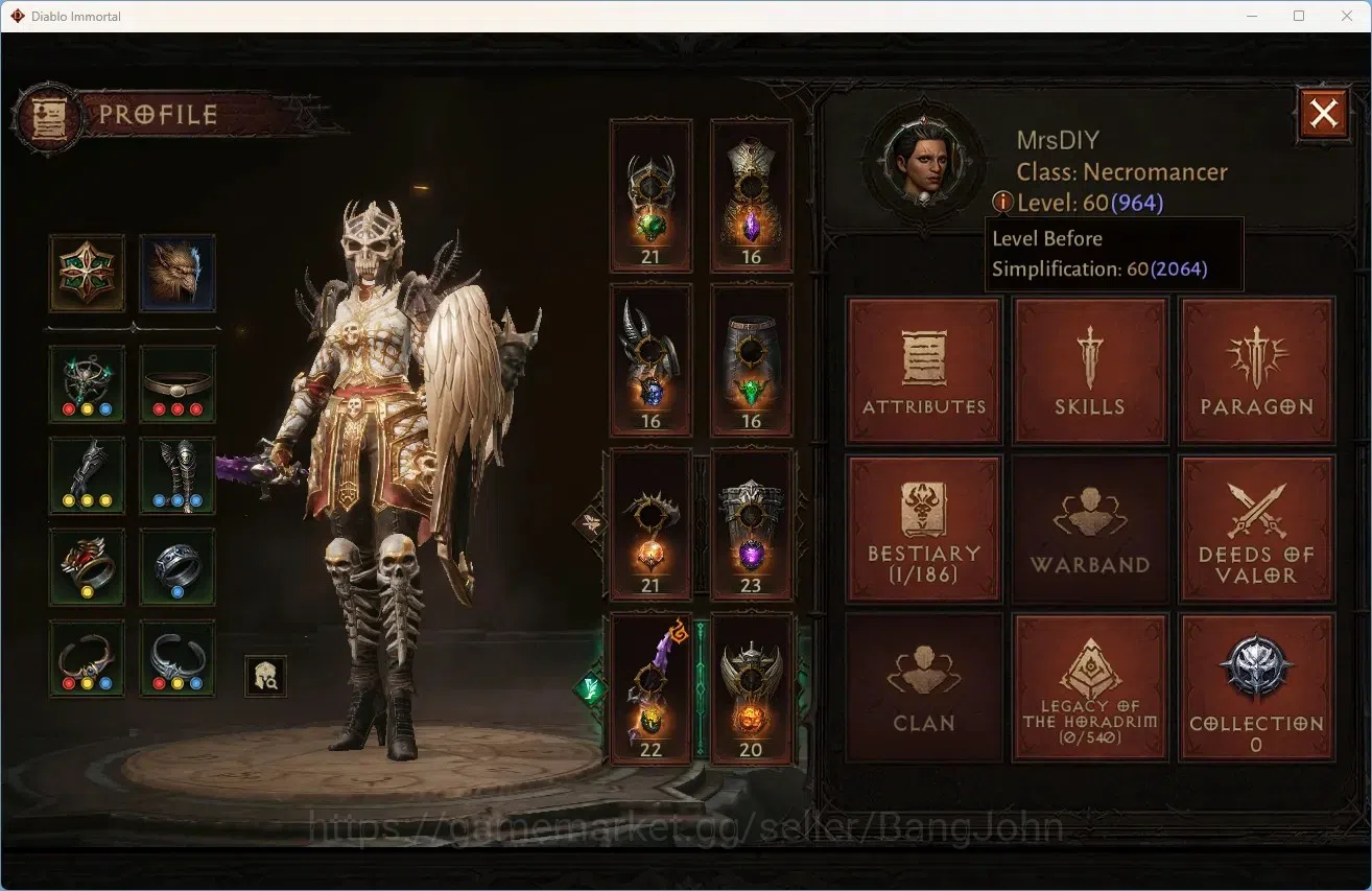 Diablo Immortal Accounts Others SEA - Verathiel|60 (964) Necromancer-Vanquisher|CR 45892|Reso 330|Inferno V|8x R30 Legendary 1