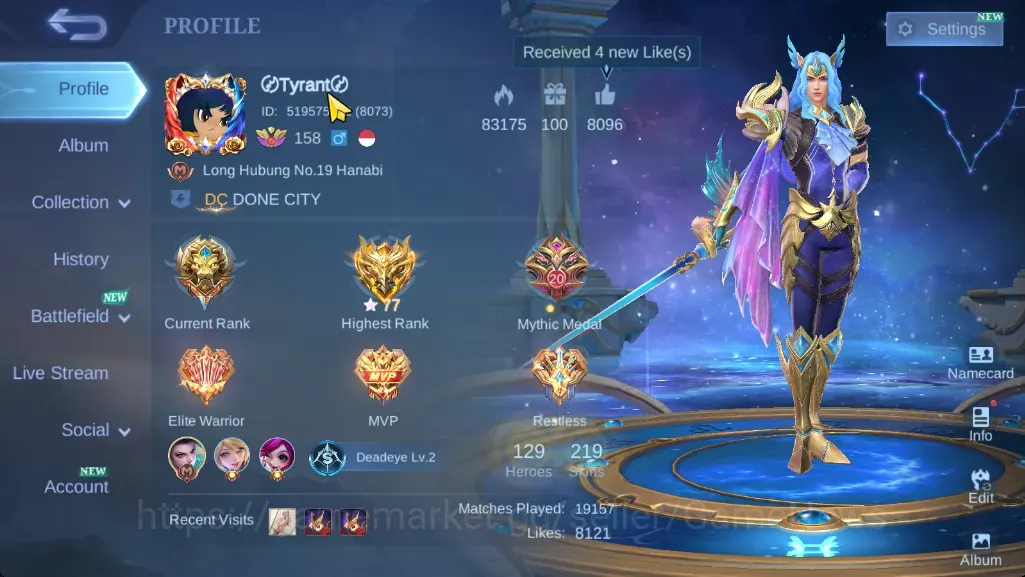 Mobile Legends: Bang Bang Accounts Collector Hero 129|Skin 219|Ex Glory 77|Roger TFormer,Hayabusa Annual,Lancelot 1