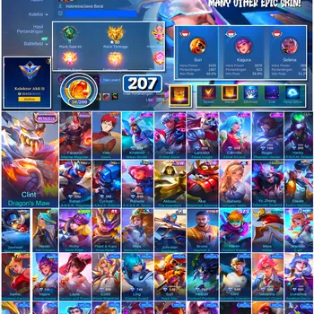 Mobile Legends: Bang Bang Accounts #4696 207 Skins | Clint Dragon's Maw (MYTHICAL) | Vale Gaara (NARUTO) | Carmilla Astral