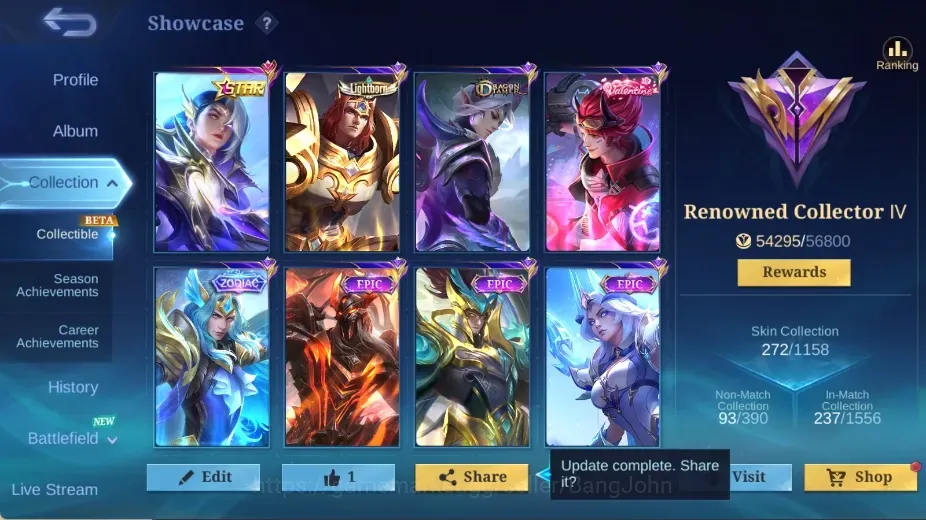 Mobile Legends: Bang Bang Accounts Collector Global|138 Hero|Skin 272|Renowned|Annual Lesley|Zodiac Lancelot|Lightborn 1