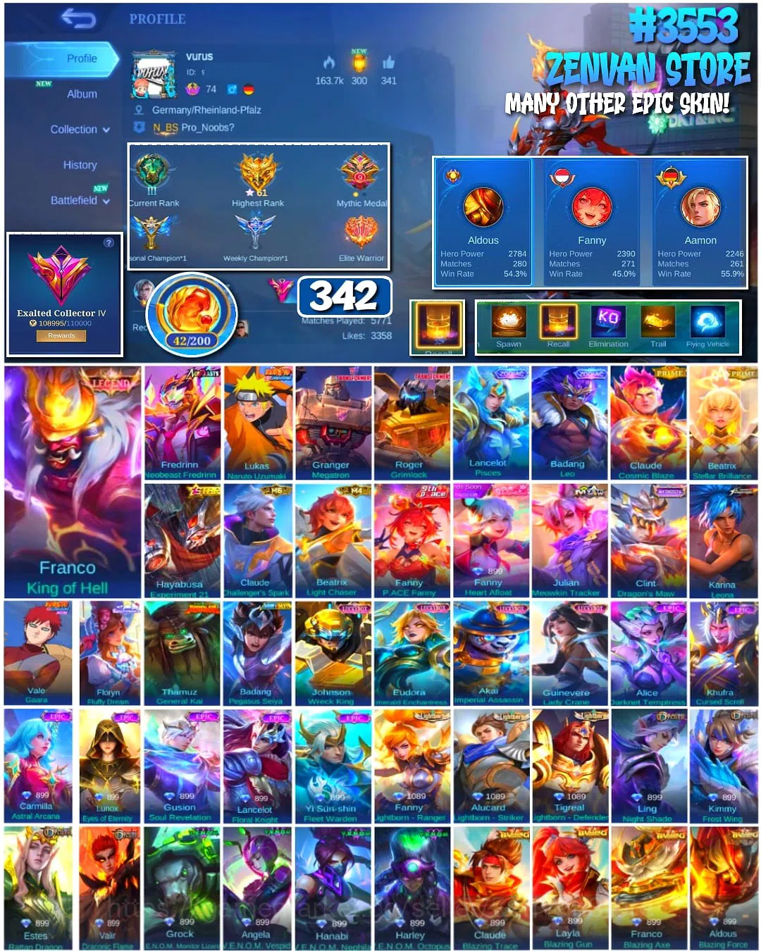 Mobile Legends: Bang Bang Accounts #3553 342 Skins | Legend Franco | Neobeast Fredrin image 1