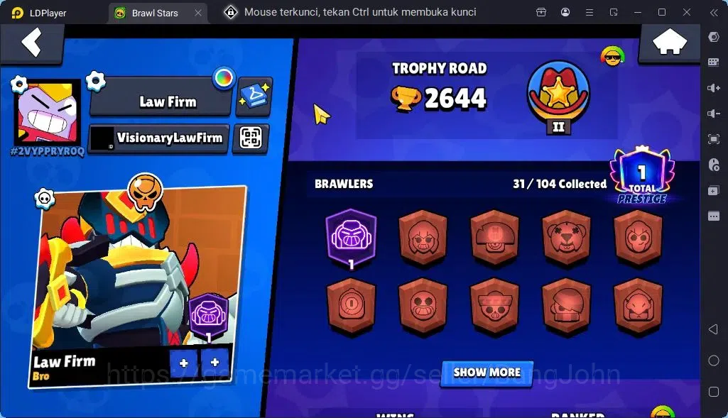 Brawl Stars Accounts Global |Trophy 2644 | Brawler 31, 2 Max 2Max with Supercharge | Skins 2 Mythic,5 Epic|Bling 2