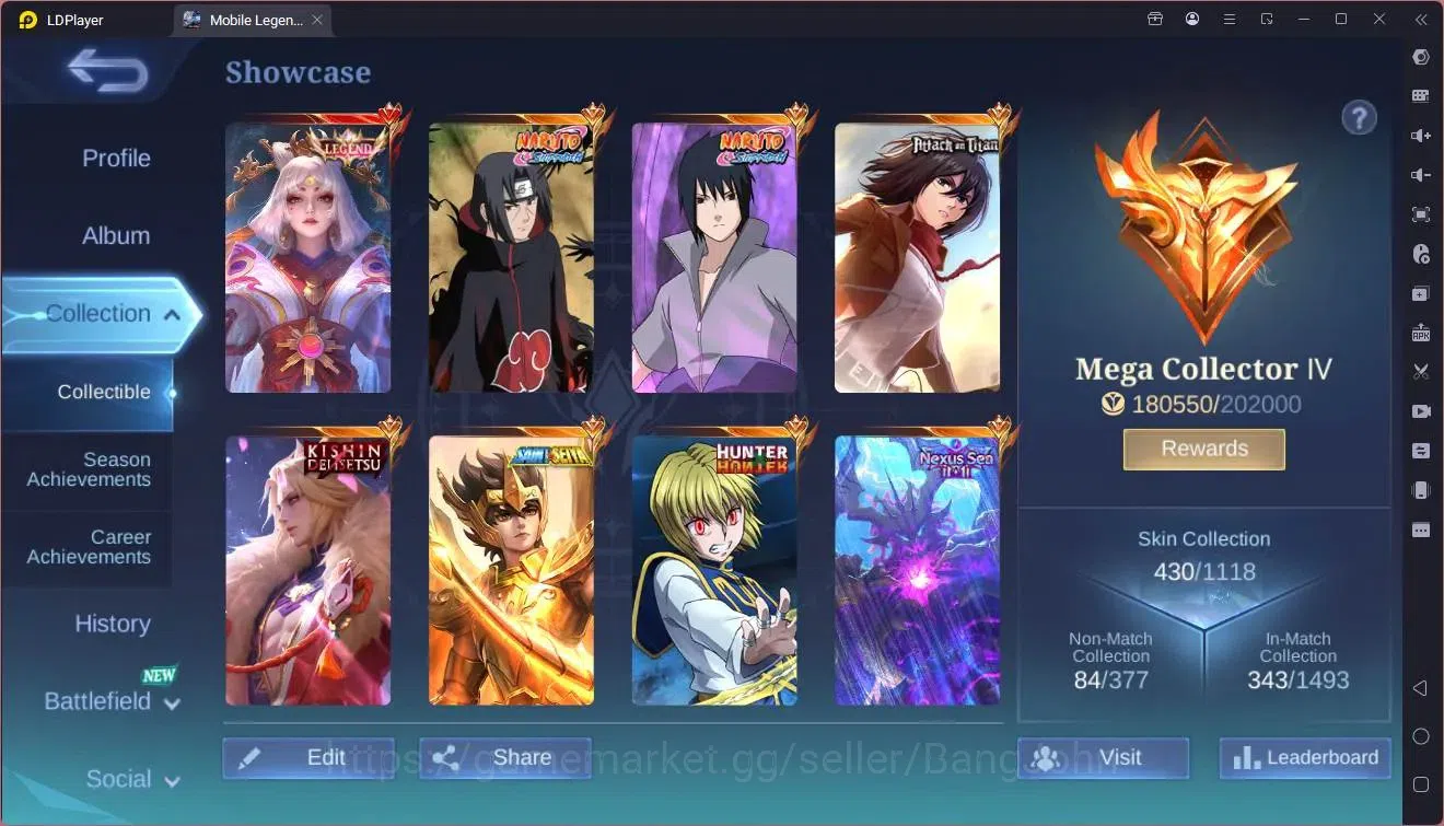 Mobile Legends: Bang Bang Accounts Global |Hero 109|Skin 430|Mega|Legend Lunox|Naruto image 2