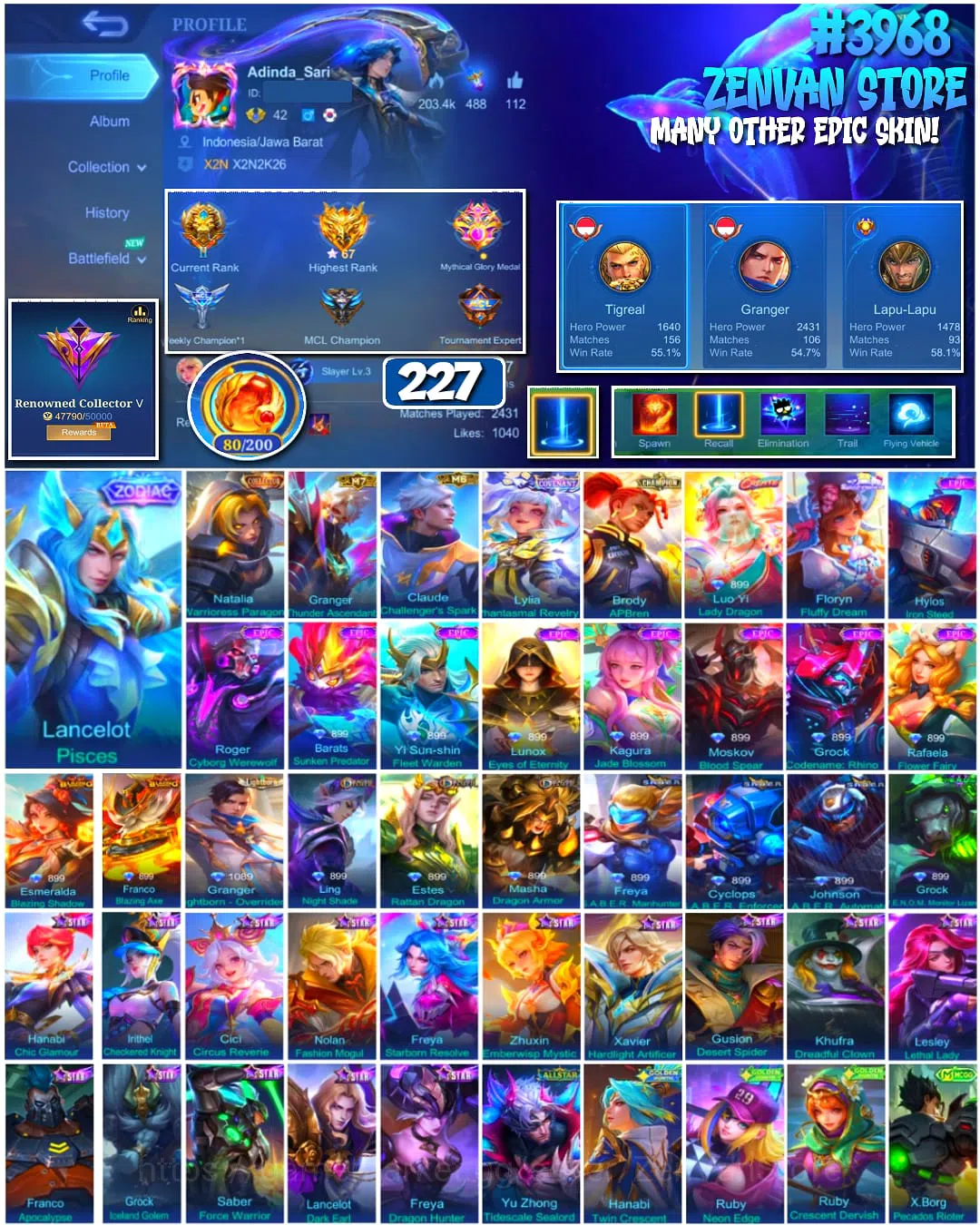 Mobile Legends: Bang Bang Accounts #3968 227 Skins Collector Natalia Sanrio Floryn Many Limited Many Zodiac Many Epic Safe 1
