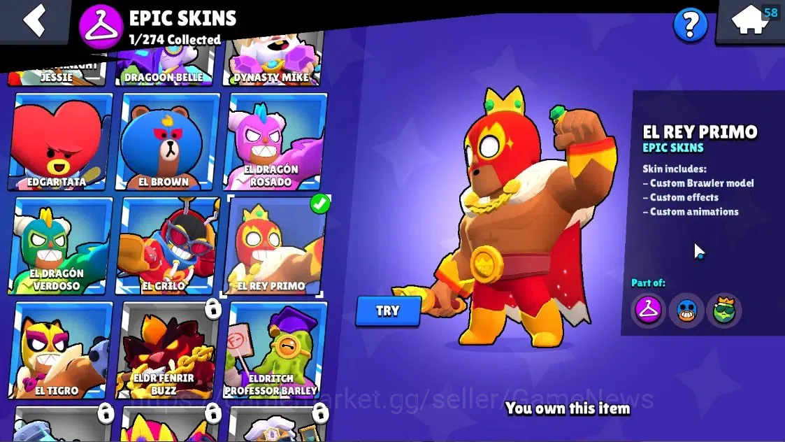Brawl Stars Accounts 874 Trophy|13 Brawlers 1 Max Lvl Full Buffies Edgar|8444 Bling|1 Epic [El Rey Primo],1 Super Rare 10