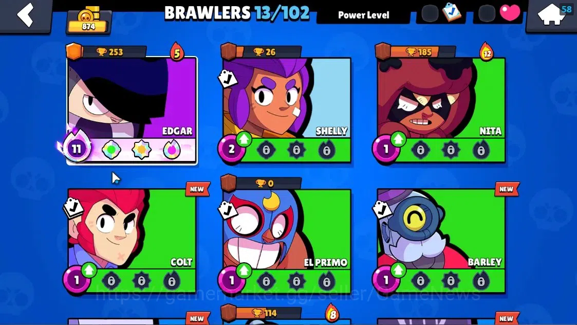 Brawl Stars Accounts 874 Trophy|13 Brawlers 1 Max Lvl Full Buffies Edgar|8444 Bling|1 Epic [El Rey Primo],1 Super Rare 7