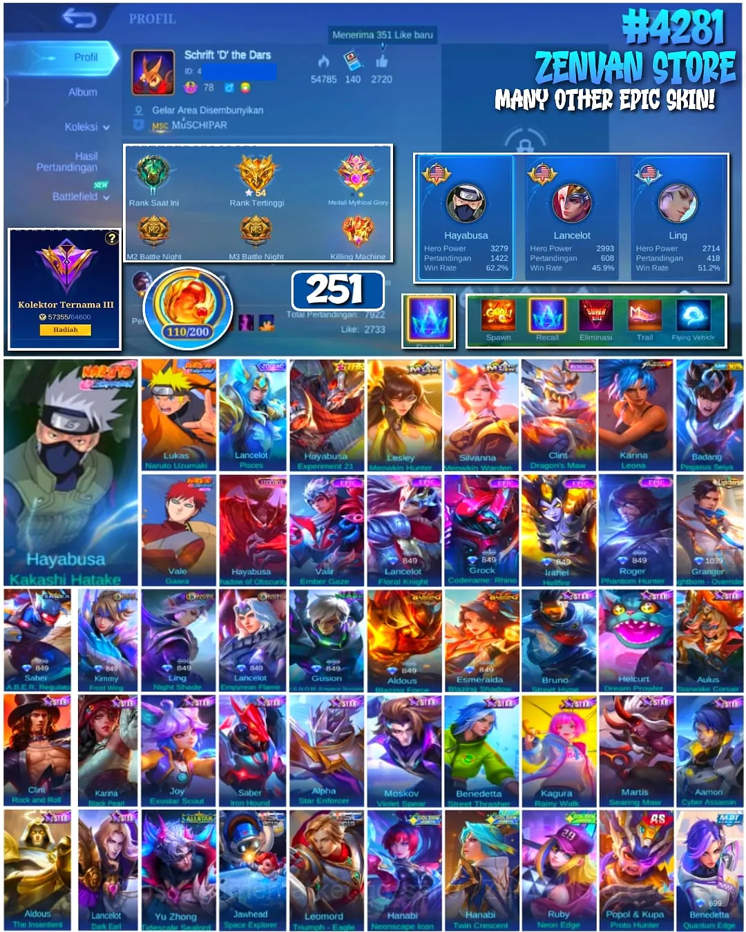 Mobile Legends: Bang Bang Accounts #4281 251 Skins | Hayabusa Kakashi Hatake (NARUTO) | Lukas Naruto Uzumaki (NARUTO) | Vale 1