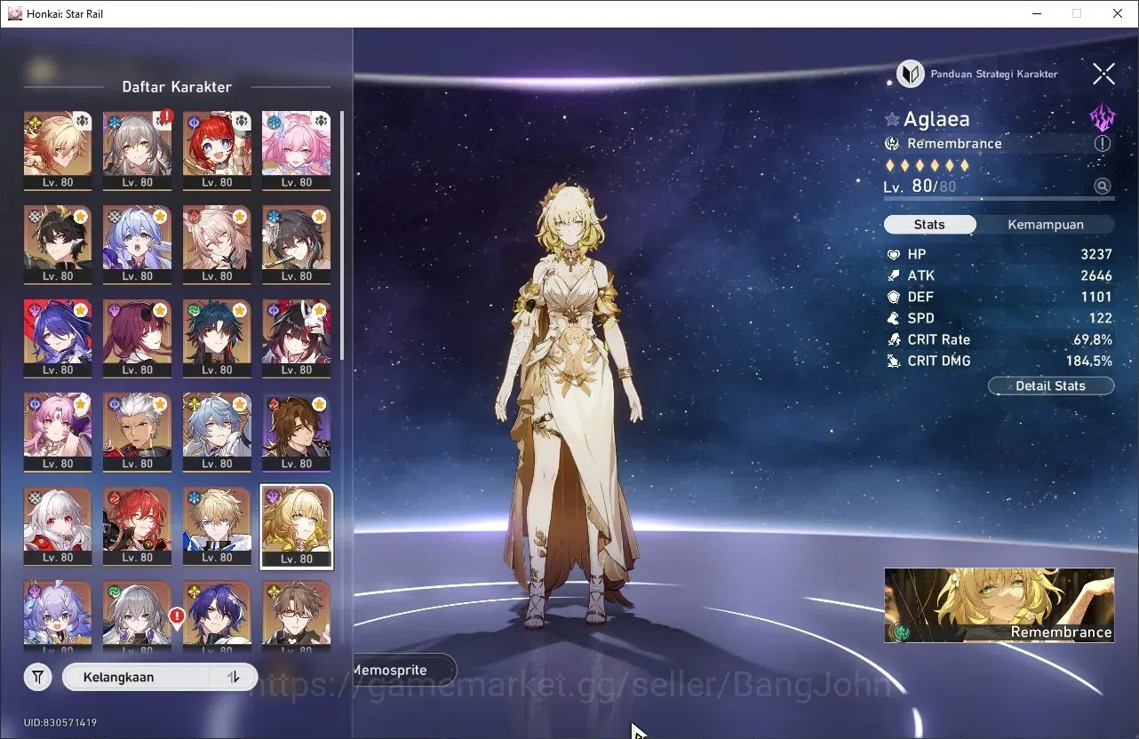 Honkai Star Rail Accounts Others ASIA | TL70 | Myde+Sign With PremTeam, Cyrene,Tribbie,Aglaea+Sign 11