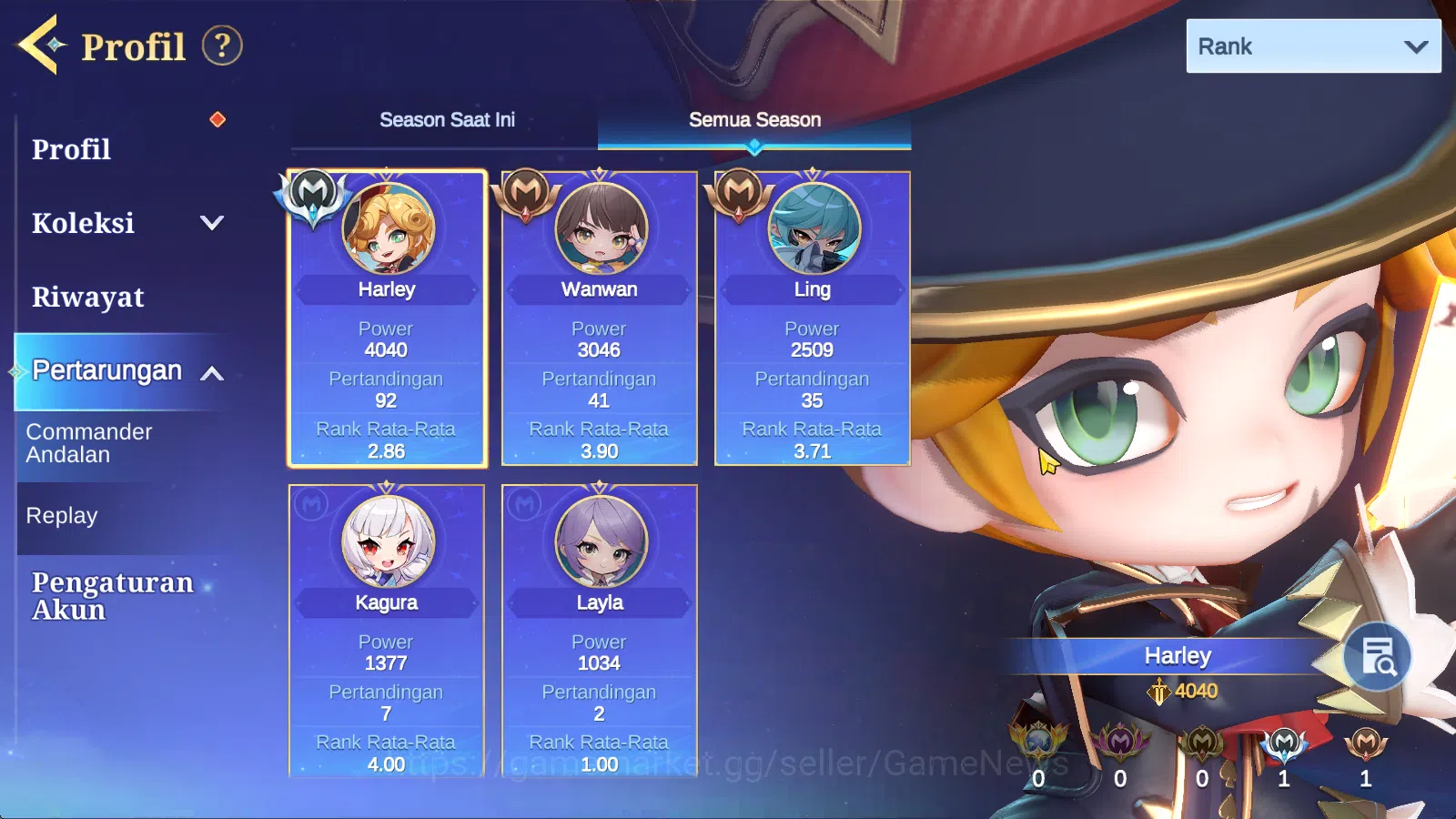 Magic Chess: Go Go Accounts High Mythic 73|Bonus MLBB|27 Commander 4 Max(Kagura,Harley,Wanwan,Ling)|8 Skin|2 Special,4 5