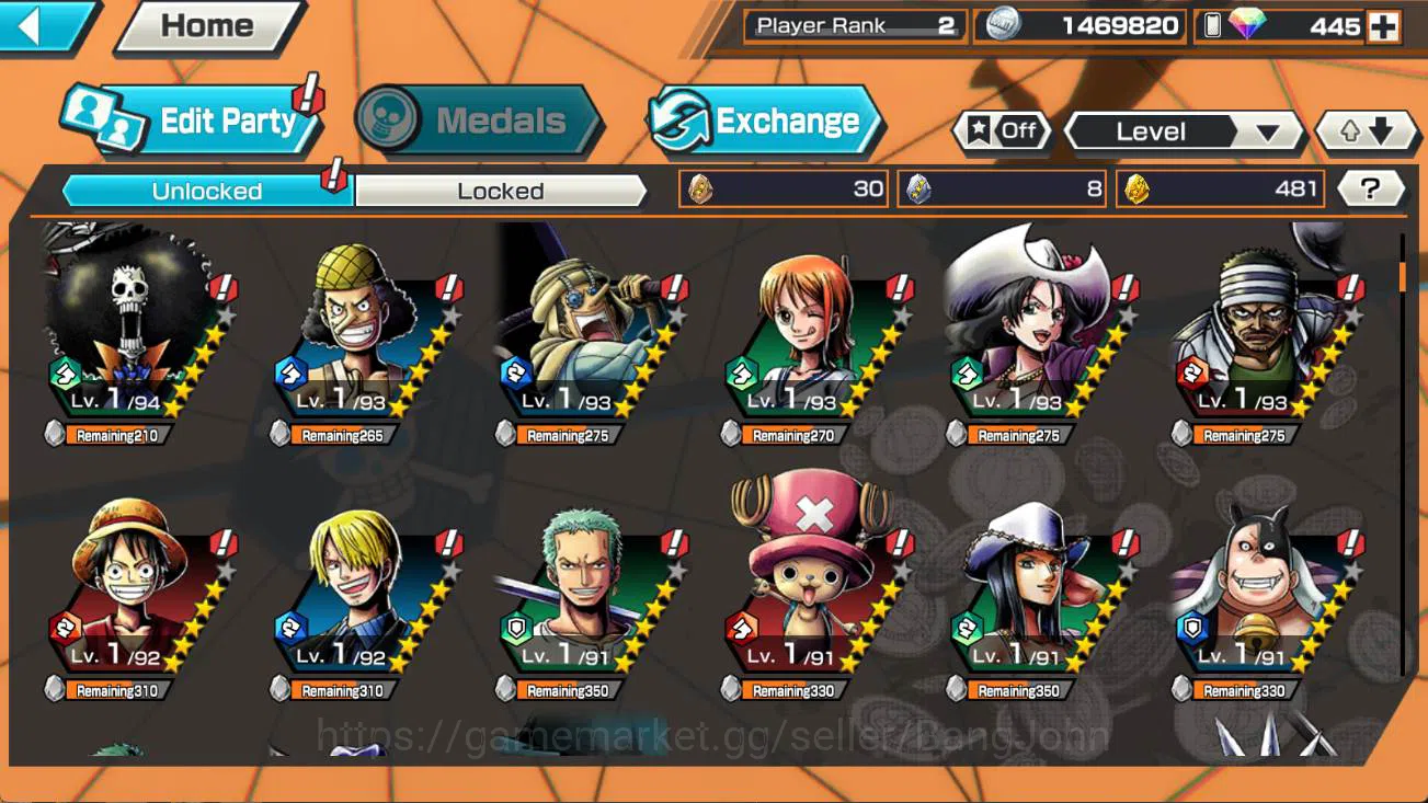 One Piece Bounty Rush Accounts Others GLOBAL | 2 ex, DD shanks, St ethanbaron, egghead chopper, Van ogre, kuma n bonney 10