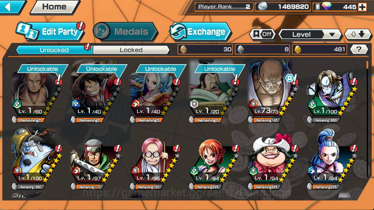 One Piece Bounty Rush Accounts Others GLOBAL | 2 ex, DD shanks, St ethanbaron, egghead chopper, Van ogre, kuma n bonney 9