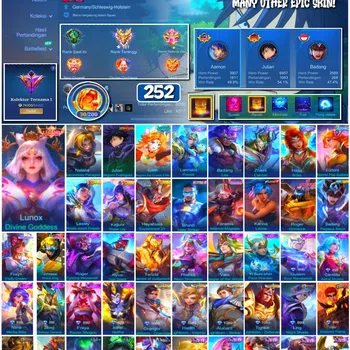 Mobile Legends: Bang Bang Accounts 🔥 #4106 🔥 💎 252 Skins 👑 Legend Lunox Divine Goddess ⚔️ Renowned Collector I