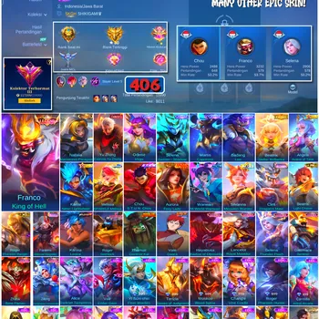 Mobile Legends: Bang Bang Accounts #4443 406 Skins | Franco King of Hell (LEGEND) | Karina Leona (KOF) | Roger Grimlock