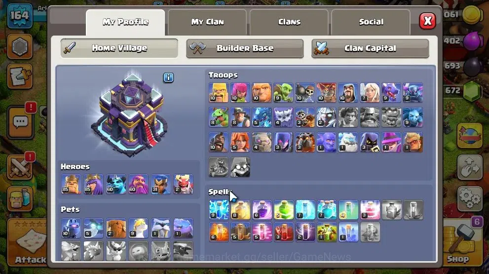 Clash of Clans Accounts High-End Lv 164|TH 15-LV 164|HH 9|LimitedSkin|BK 85,AQ 85,MP 60,GW 60,RC 31,DD 2|BM 30,BC 19|672 3