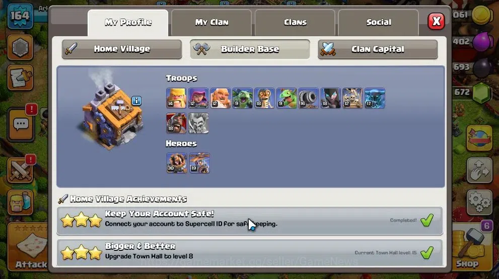 Clash of Clans Accounts High-End Lv 164|TH 15-LV 164|HH 9|LimitedSkin|BK 85,AQ 85,MP 60,GW 60,RC 31,DD 2|BM 30,BC 19|672 6