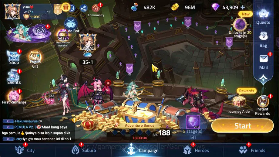 Mobile Legends: Adventure Accounts Sv 75xxx|VIP 5|Lvl 47|1109K BP|43,9k Dm|1 UR & 7 1