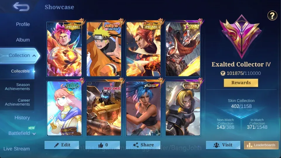 Mobile Legends: Bang Bang Accounts Collector Global|402 Skin|Exalted|NARUTO,PATRICK,PRIME Claude Yuzhong,Annual 1