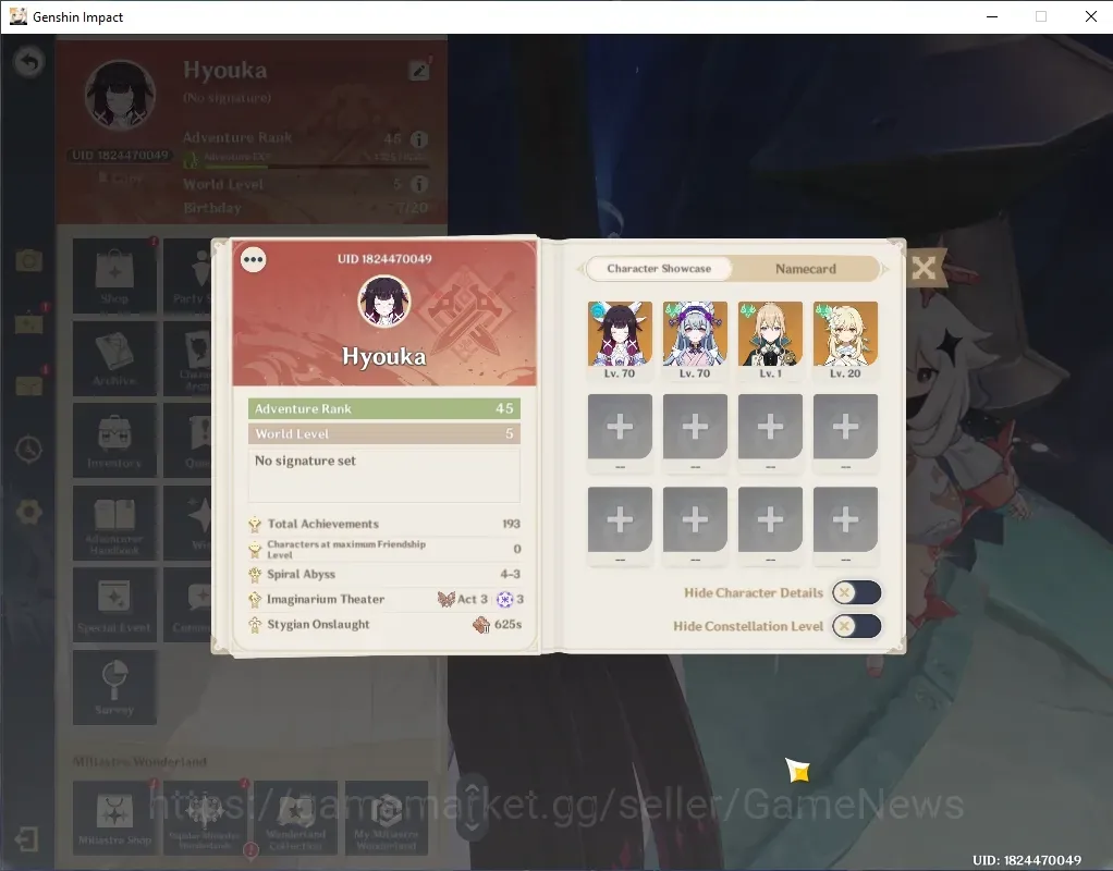 Genshin Impact Accounts Others Asia|AR 45|Rate On|1 Limited + (*5 Weapon)|Columbina+Signature|Reuni On|Female MC|Take 1
