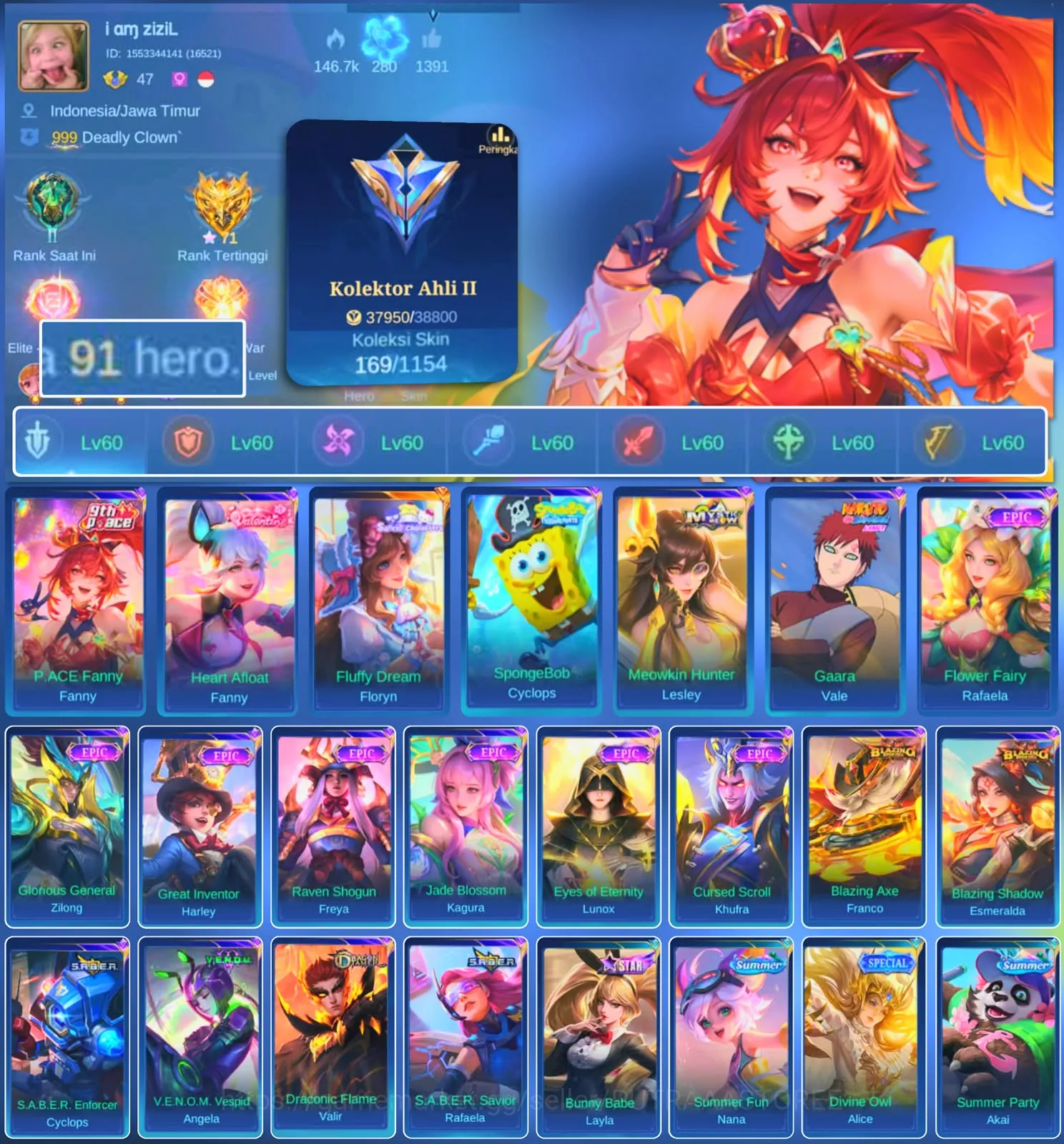 Mobile Legends: Bang Bang Accounts Others HERO 91 SKIN 169 | EMBLEM ALL MAX| PACE FANNY| FLUFFY DREAM FLORYN| SPONGEBOB 1
