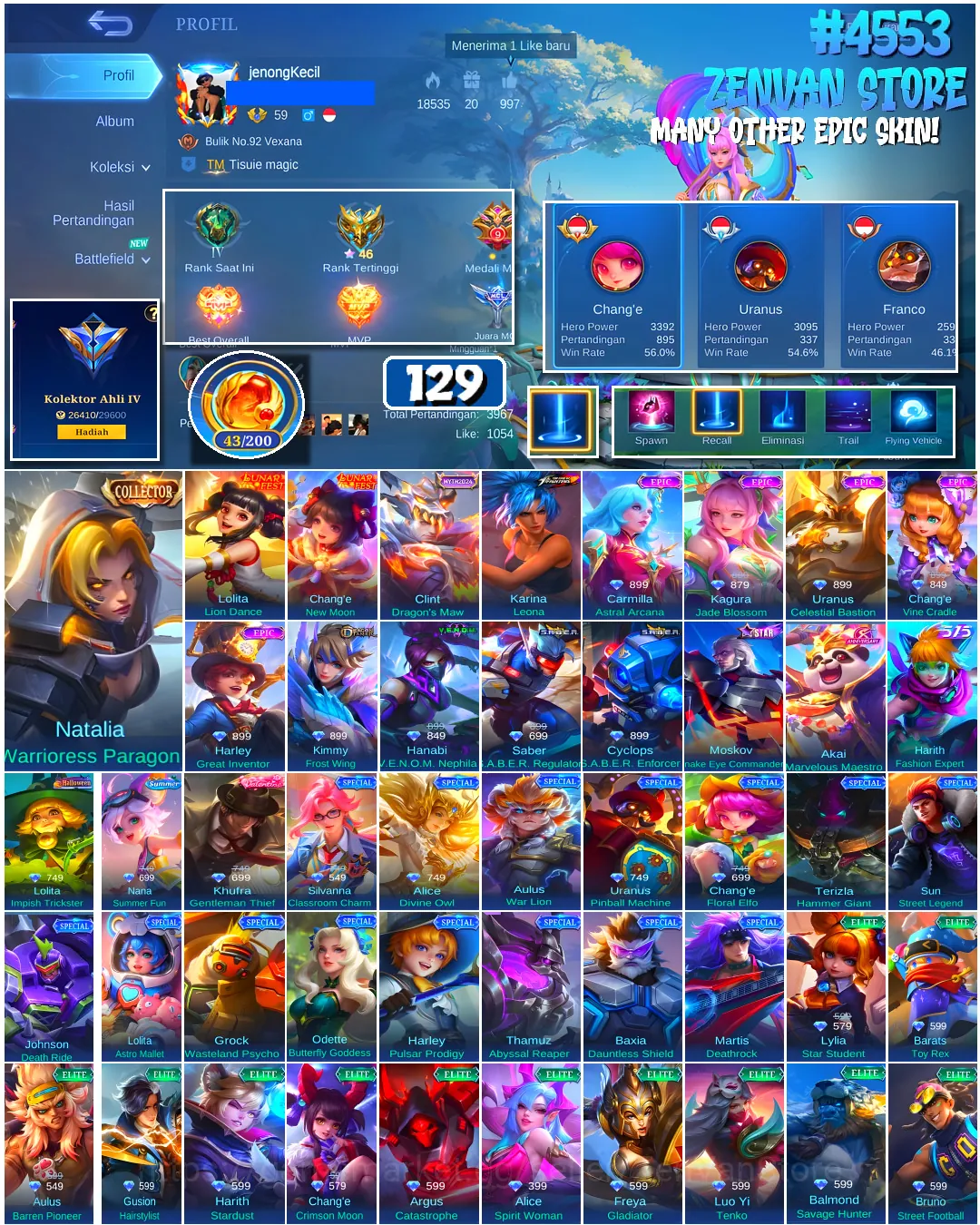 Mobile Legends: Bang Bang Accounts #4553 129 Skins | Karina Leona (KOF) | Natalia Warrioress Paragon (COLLECTOR) | Carmilla 1