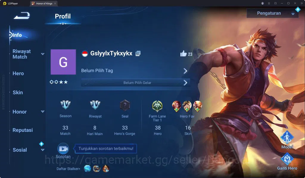 Honor of Kings Accounts HOK Global 38H 16S | Epic Huang Zhong Mask Spirit image 1