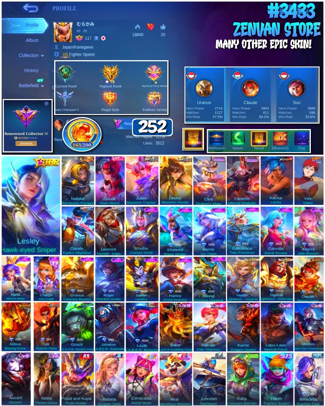Mobile Legends: Bang Bang Accounts #3433 252 Skins | Collector Natalia | KoF Karina | image 1