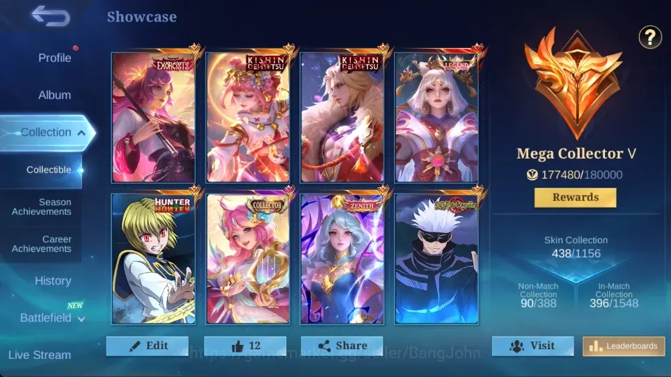 Mobile Legends: Bang Bang Accounts Collector Global|438 Skin|MEGA|LEGEND Lunox,EXO Kagura,KOF Aurora Valir,KINSHIN Lancelot 1