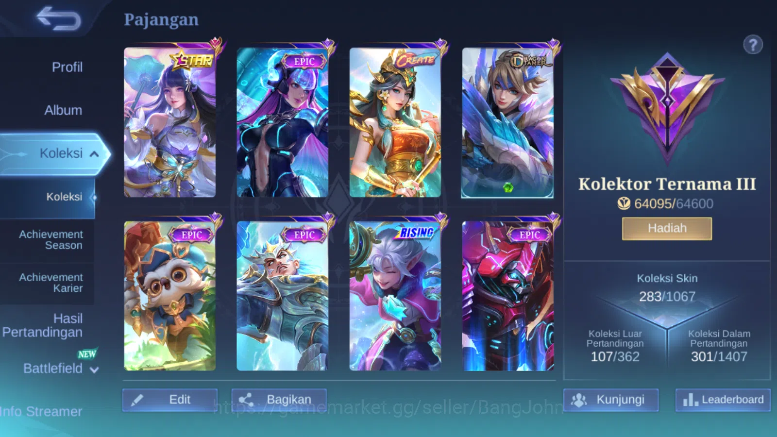Mobile Legends: Bang Bang Accounts Others Hero 131 | skin 283 | kof karina | star annual kagura | cc natalia epic nana | 9th 2