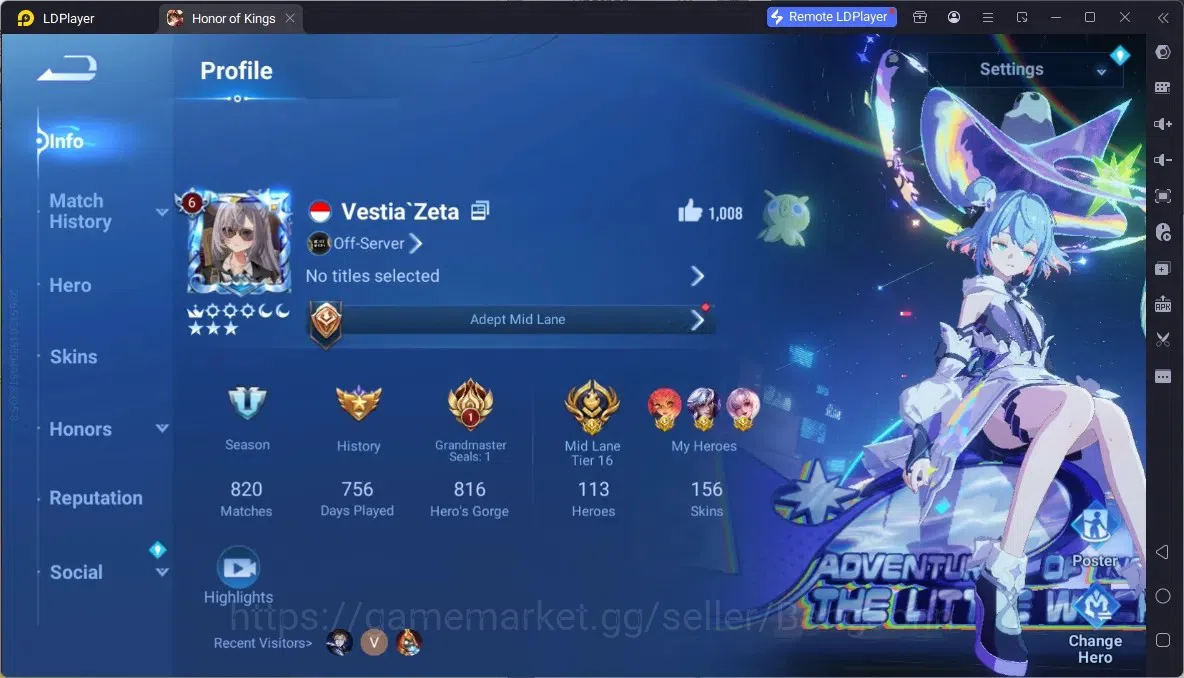 Honor of Kings Accounts Rare Skin Global|113H 156S|1 Flawless |1 Legend|1KIC Luna|1 Saint Seiya | GM Gan&Mo | Lny DaQiao|Lny 1