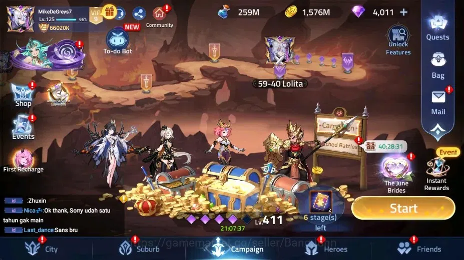 Mobile Legends: Adventure Accounts Global |LV 125|66020k Power |VIP 9|Camp 59-39|Hero 173|3 UR[Alina,Crocell,Rista]|16 3