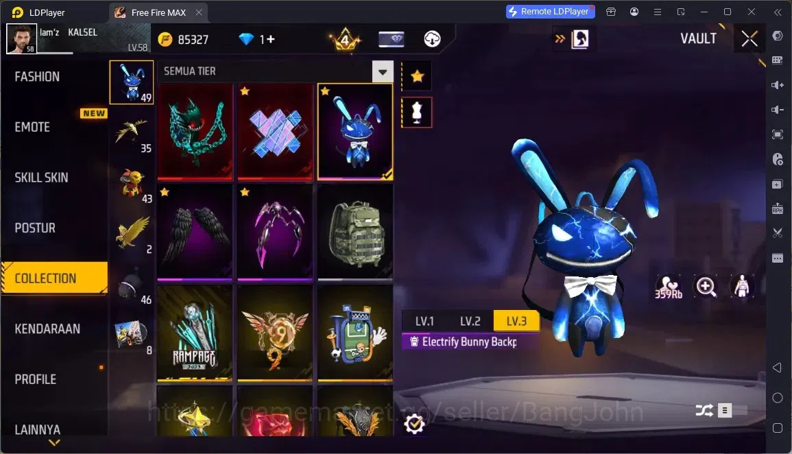 Free Fire Accounts Indonesia | 2 EVO (MP5 Lv5, Woodpecker Lv4)| 2 M188:Terrano Burst, Mamba Gnaw| Electrify Bunny Backpack 16