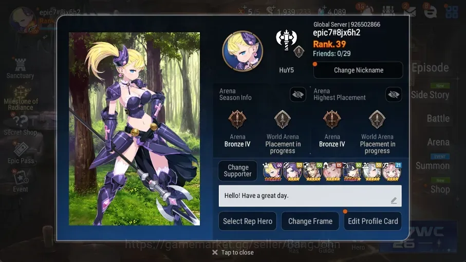 Epic Seven Accounts Limited Hero Global Unverif | 3 ML (Lisette,SS Vivian,Zio)|PoH Bless ON|SS 4K|Stigma 131K|Log 1