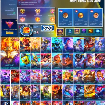 Mobile Legends: Bang Bang Accounts #4455 320 Skins | Johnson Sovereign of Realms (LEGEND) | Karina Leona (KOF) | Badang