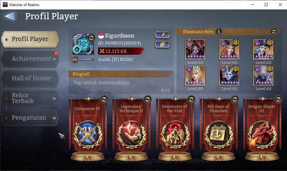 Watcher of Realms Accounts End-Game Global 60X|LV 96|12,1M Power,Abyss I|Many Skin|14 Lord[PraetusA3,LayaA4,Etc]+108 2