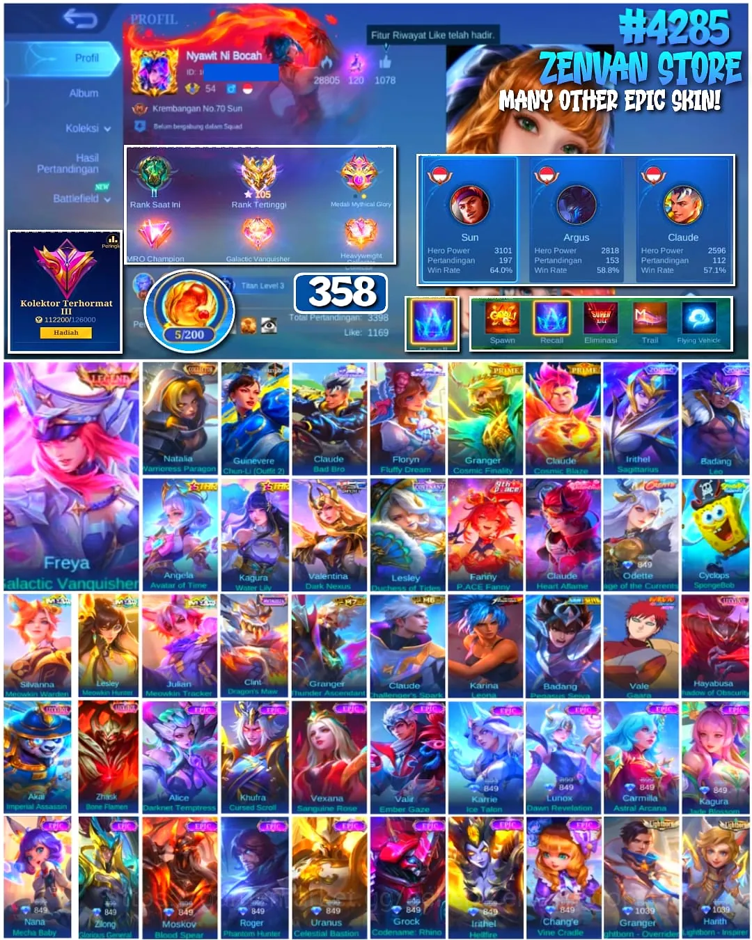Mobile Legends: Bang Bang Accounts #4285 358 Skins | Freya Galactic Vanquisher (LEGEND) | Natalia Warrioress Paragon 1