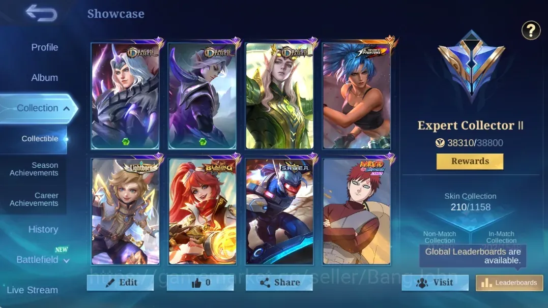 Mobile Legends: Bang Bang Accounts Others Global|138H 210S|Expert|KOF Karina|Naruto Vale|Dragon Tamer 1