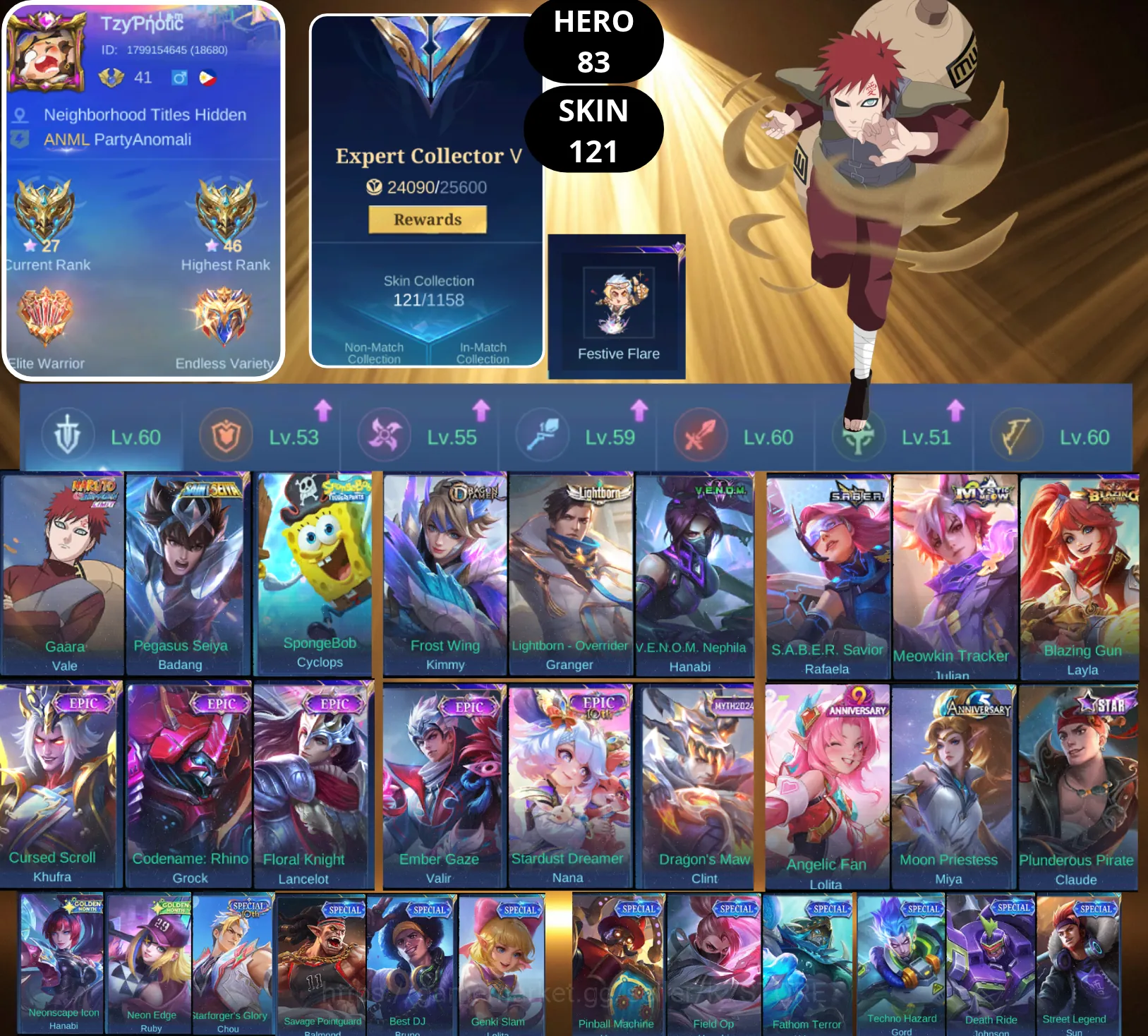 Mobile Legends: Bang Bang Accounts Smurf BEST OFFER | HERO 83 | SKIN 121 | VALE NARUTO | BADANG SAINT SEIYA | CYCLOPS 1