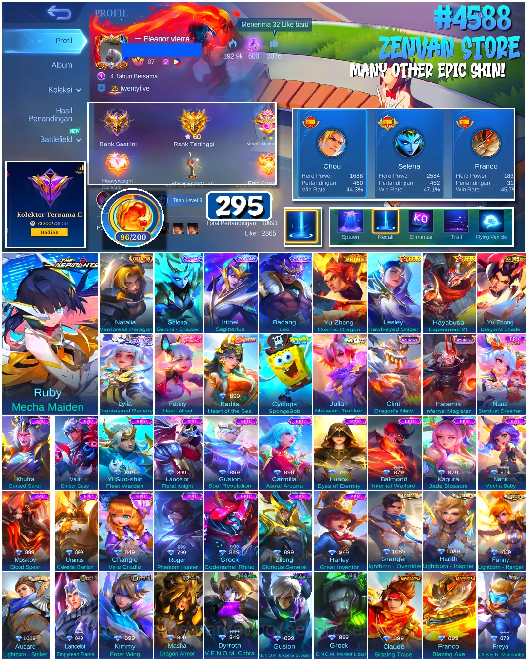 Mobile Legends: Bang Bang Accounts #4588 295 Skins | Ruby Mecha Maiden (ASPIRANTS) | Cyclops SpongeBob (SPONGEBOB) | Natalia 1